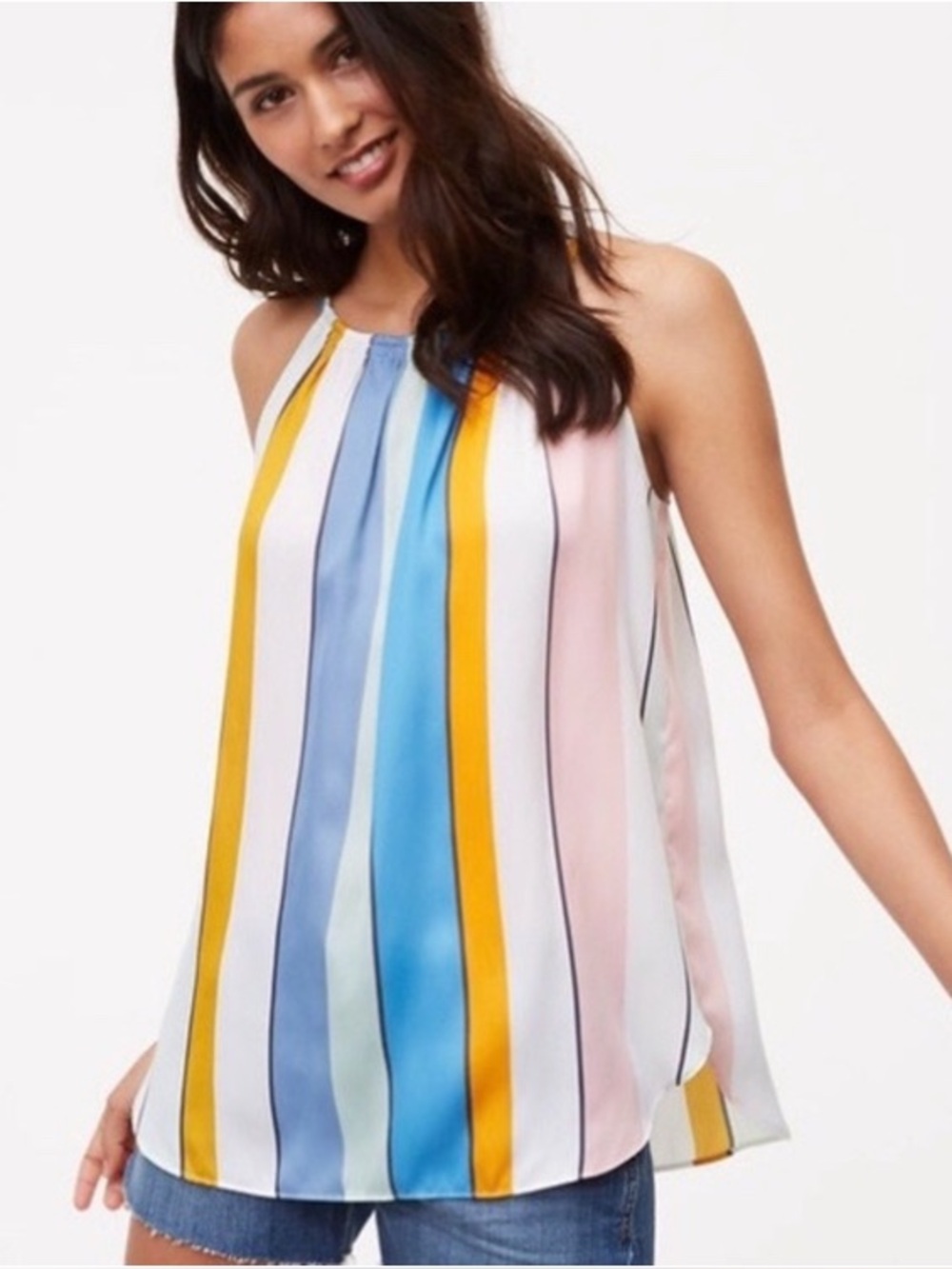 LOFT Multicolor Vertical Stripe Halter Tank, Size Small, Blue Pink Yellow White